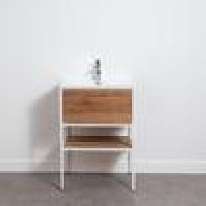 Meuble salle de bain FACTORY en teck et métal blanc 80 cm avec plan-vasque