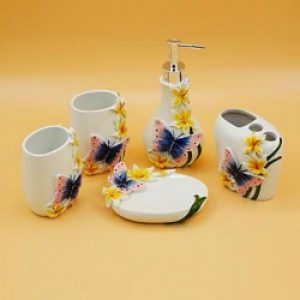 5 pièces d’accessoires pour salle de bain à motif de fleurs et papillons en résine