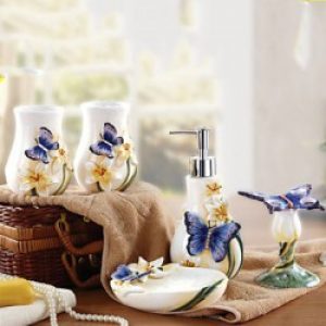 5 pièces d’accessoires pour salle de bain à motif fleur et papillon en céramique