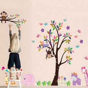 Affiche murale Arbre, fleurs, singe, girafe