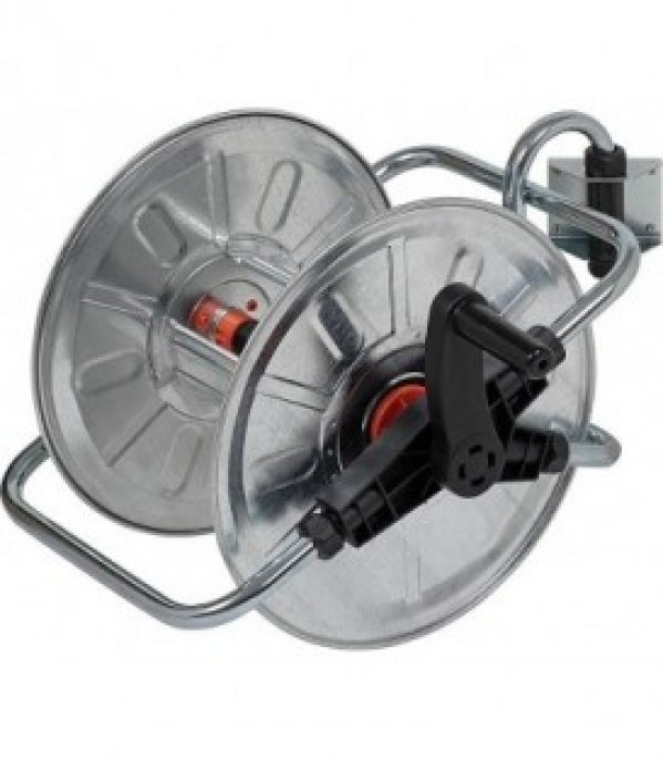 Chariot de tuyau mural en métal zingué, element de raccordement en plastique, support inclus