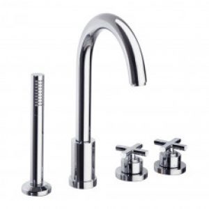 Ensemble bain-douche thermostatique sur gorge. Poignées laiton. Blocage T°38°C. Douchette laiton