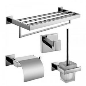 Ensemble d’accessoire de salle de bain contemporain en inox poli miroir et une fixation murale ( 4 pièces ) 62 x 23 x 20 cm