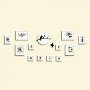 Ensemble de 12 cadres photos de style moderne en bois et acrylique avec horloge murale