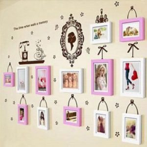 Ensemble de 13 cadres photos de style moderne en bois rose et blanc avec décoration murale