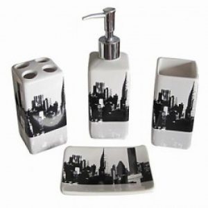 Ensemble de 6 accessoire de salle de bain avec 12 crochets de rideaux à motif gratte-ciel