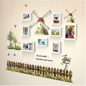 Ensemble de 8 cadres photos avec autocollant de mur à motif moulin à vent