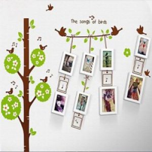 Ensemble de 8 cadres photos de style moderne en bois blanc avec autocollant arbre au mur