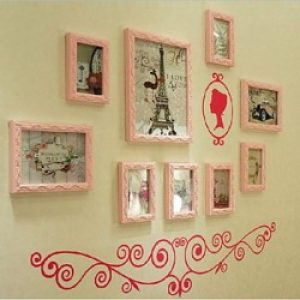 Ensemble de 9 cadres photos de style moderne en bois rose avec sticker murale