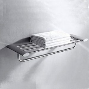 Etagère avec barre de serviettes en laiton massif chromé pour salles de bain