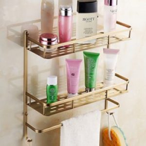 Etagère classique pour salles de bain en laiton antique et avec fixation murale