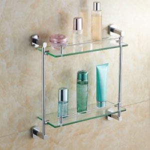 Etagère à deux étages de style contemporain en verre et laiton chromé ( 53.5 cm )