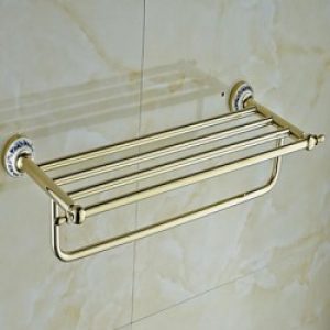 Etagère et porte serviettes en laiton doré et céramique