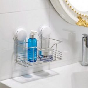 Etagère sous forme de porte-gadgets en inox et plastique avec fixation murale en ventouses