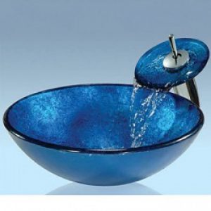 Evier avec robinet cascade en verre trempé bleu foncé