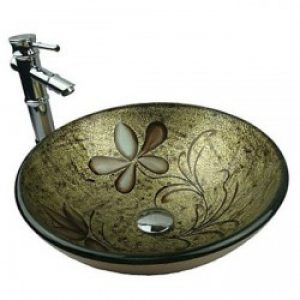 Evier avec robinet cascade en verre trempé doré à motif fleurs