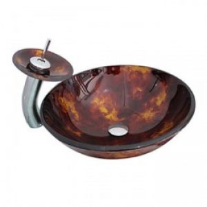 Evier avec robinet cascade en verre trempé mélange marron et noir