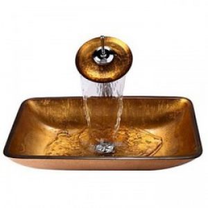 Evier avec robinet cascade en verre trempé rectangulaire doré
