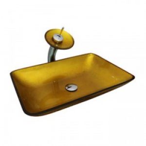 Evier avec robinet cascade en verre trempé rectangulaire doré effet vintage