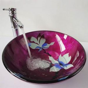 Evier avec robinet cascade en verre trempé rose foncé à motif fleurs