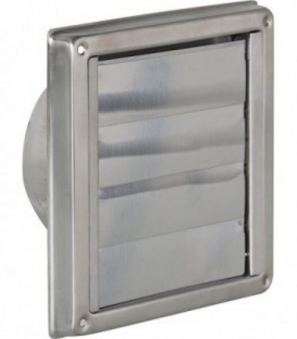 Grille d&rsquo;aération à volets mobiles V2A lamelles à fermeture automatique raccord diam 125 – dim ext 180×180 mm