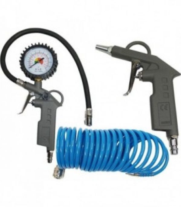 Kit air comprimé 3 pces : soufflette + pistolet + tuyau spirales lg 5m