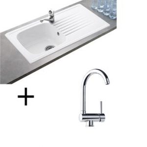 Lot Evier céramique blanc 1 bac TARGA + Mitigeur CRBMI024
