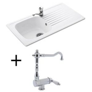 Lot Evier céramique blanc 1 bac TARGA + Mitigeur CRBMI066