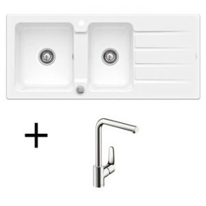 Lot Evier céramique blanc ARCHITECTURA 2 bacs + Mitigeur HANSGROHE CRBMI189