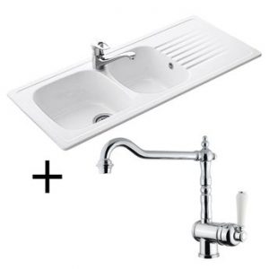 Lot Evier céramique blanc Villeroy & Boch 2 bacs TARGA + Mitigeur rétro CRBME004