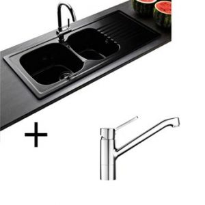 Lot Evier céramique noir 2 bacs TARGA + Mitigeur HANSA CRBMI142