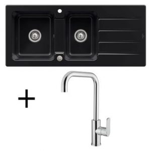 Lot Evier céramique noir brillant 2 bacs Villeroy & Boch ARCHITECTURA + Mitigeur CRBMI210