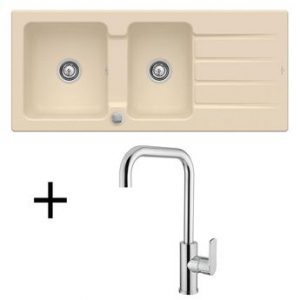 Lot Evier céramique sable 2 bacs Villeroy & Boch ARCHITECTURA + Mitigeur CRBMI210