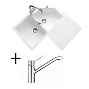 Lot Evier d´angle granit blanc 2 bacs LOKTI + Mitigeur HANSA CRBMI142