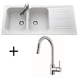 Lot Evier granit blanc 2 bacs HOLIDAY + Mitigeur CRBMD014