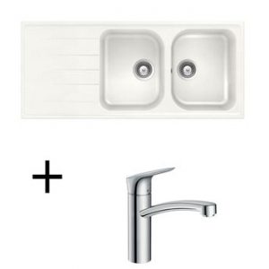 Lot Evier granit blanc SCHOCK VIOLA 2 bacs  + Mitigeur HANSGROHE CRBMI190