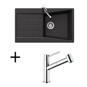 Lot Evier granit noir 1 bac BRUYERE + Mitigeur CRBMD063