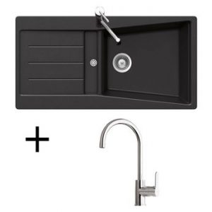 Lot Evier granit noir 1 grand bac BRUYERE + Mitigeur CRBMI059