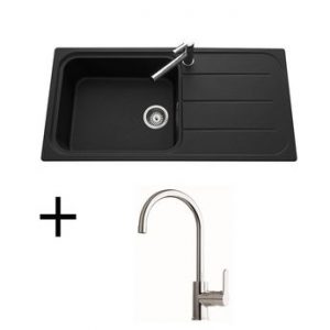 Lot Evier granit noir 1 grand bac OGLIO + Mitigeur CRBMI059