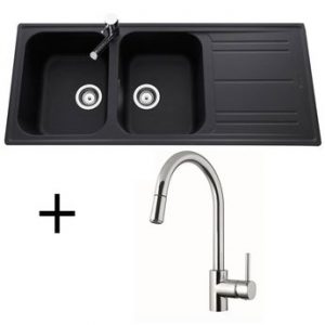 Lot Evier granit noir 2 bacs HOLIDAY + Mitigeur CRBMD014