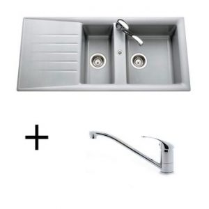 Lot Evier synthèse gris alu 1 bac 1/2 EMERAUDE + Mitigeur CRBMI039