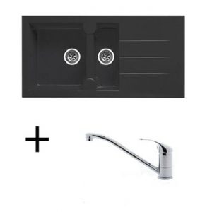 Lot Evier synthèse noir 1 bac 1/2 TUNIA + Mitigeur CRBMI039