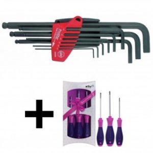 Lot râtelier de 9 clés mâles 6 pans + jeu de 3 tournevis roses offerts