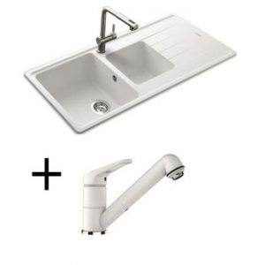 Lot SCHOCK Evier granit blanc 2 bacs ELEMENT + Mitigeur CRBMD228