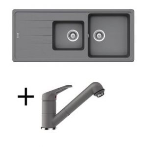 Lot SCHOCK Evier granit gris 2 bacs ELEMENT + Mitigeur CRBMD229