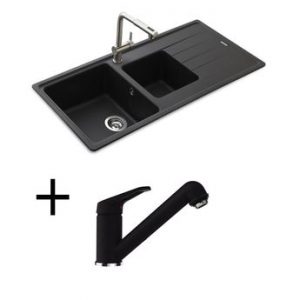 Lot SCHOCK Evier granit noir 2 bacs ELEMENT + Mitigeur CRBMD227