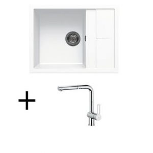 Lot évier granit blanc 1 bac 1 petit égouttoir UNICO + Mitigeur CRBMD030
