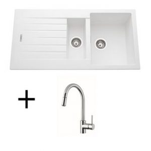 Lot évier granit blanc 1 bac 1/2 ALBEY + Mitigeur CRBMD014