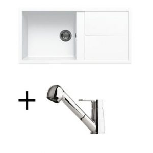 Lot évier granit blanc 1 grand bac UNICO + Mitigeur CRBMD025