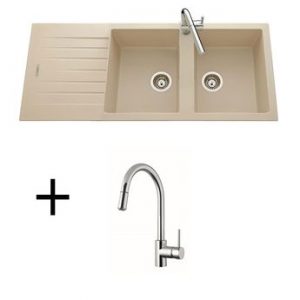 Lot évier granit champagne 2 bacs ALBEY + Mitigeur CRBMD014